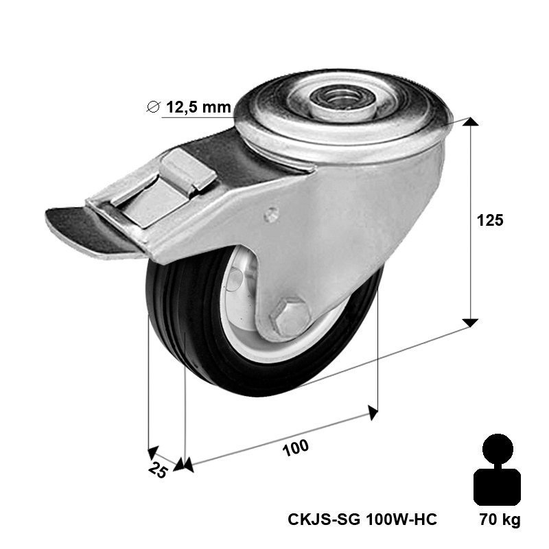 Kółko transportowe obrotowe z hamulcem stalowo-gumowe 100 mm CKJS-SG 100W-HC koło metalowo-gumowe stalowa piasta  Nośność 70 kg / 100mm / wałeczkowe