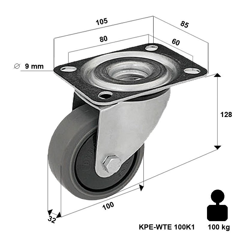 Zestaw kołowy skrętny KPE-WTE 100K1 z szarą gumą piasta polipropylenowa Nośność 100 kg / 100mm/ kulkowe