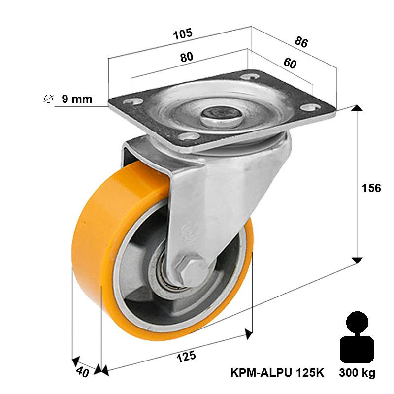 300 Koło transportowe obrotowe skrętne 125mm KPM-ALPU 125K z kołem z nalewanym bieżnikiem poliuretanowym 300/900 kg