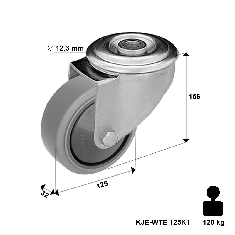 Kółko nierdzewne skrętne KJX-WTE 125K1 z kołem polipropylenowym i gumową oponką. Nośność 120 kg / 125mm/ kulkowe