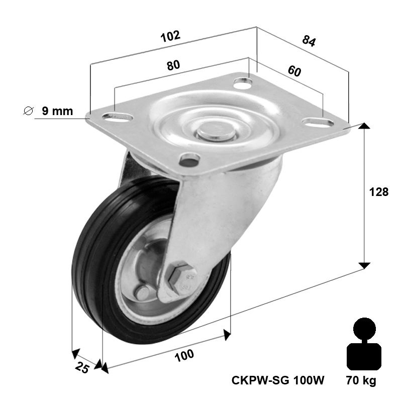 Kółko transportowe obrotowe metalowo-gumowe 100 mm CKPW-SG 100W  koło metalowo-gumowe stalowa piasta  Nośność 70 kg / 100mm / wałeczkowe