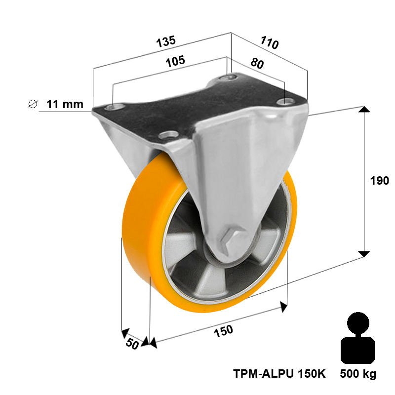 Koło stałe Zestaw kołowy stały TPM-ALPU 150K z kołem z nalewanym bieżnikiem poliuretanowym. Nośność 500 kg / 150mm/ kulkowe
