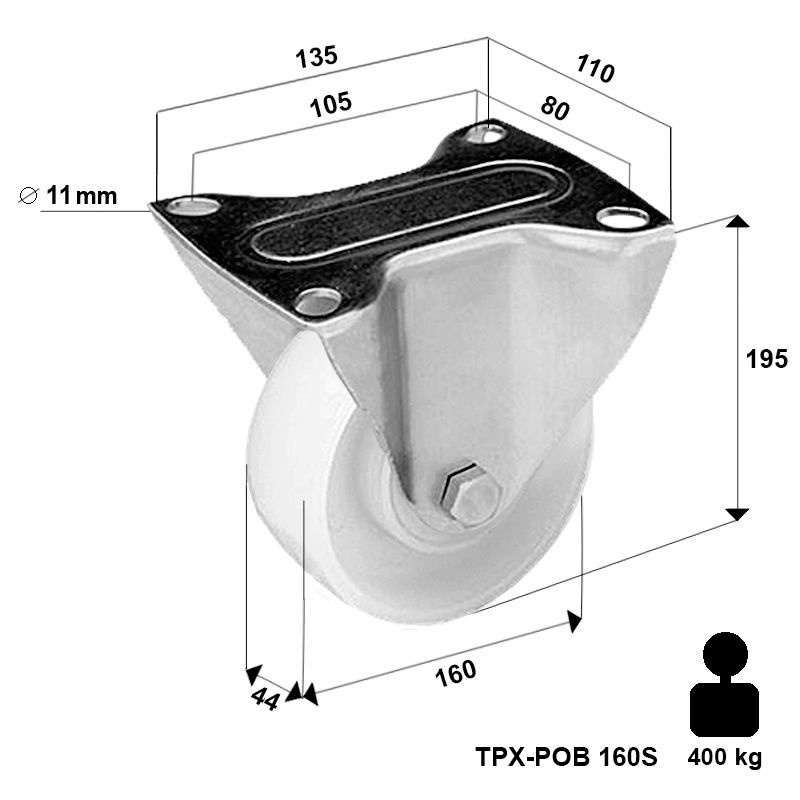 Kółko nierdzewne stałe TPX-POBW 160S z kołem poliamidowym. Nośność 400 kg / 160mm/ ślizgowe