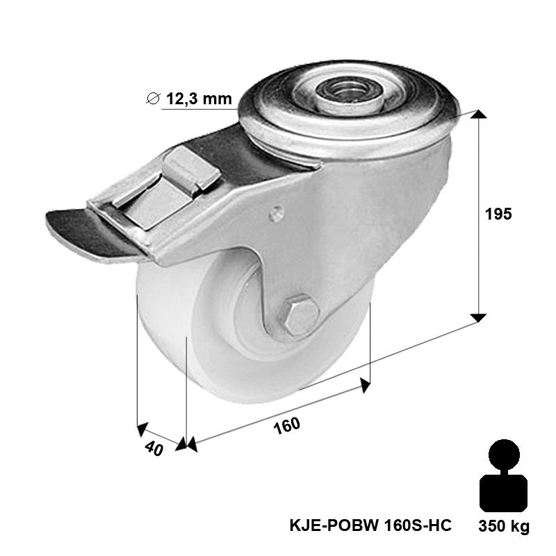 Zestaw kołowy skrętny z hamulcem KJE-POBW 160S-HC z kołem poliamidowym. Nośność 350 kg / 160mm/ ślizgowe