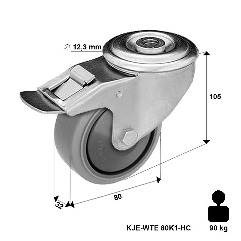 Zestaw kołowy skrętny z hamulcem KJE-WTE 80K1-HC z szarą gumą piasta polipropylenowa Nośność 90 kg / 80mm/ kulkowe