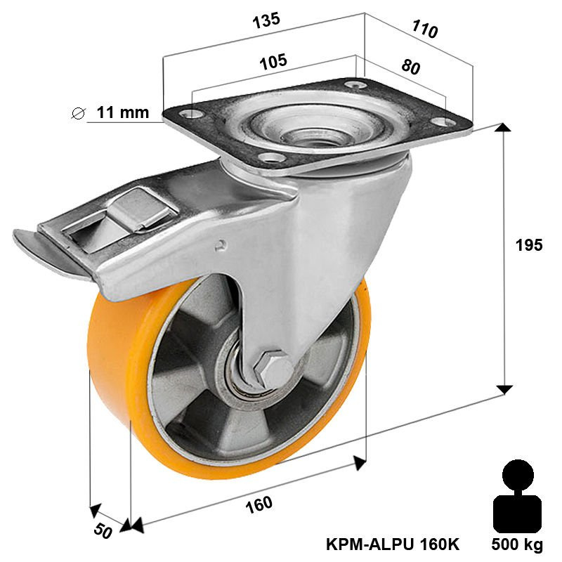 Kółko obrotowe z hamulcem KPM-ALPU 160K-HC z kołem aluminiowym z bieżnikiem poliuretanowym. Nośność 500 kg - średnica 1600mm - łożysko kulkowe