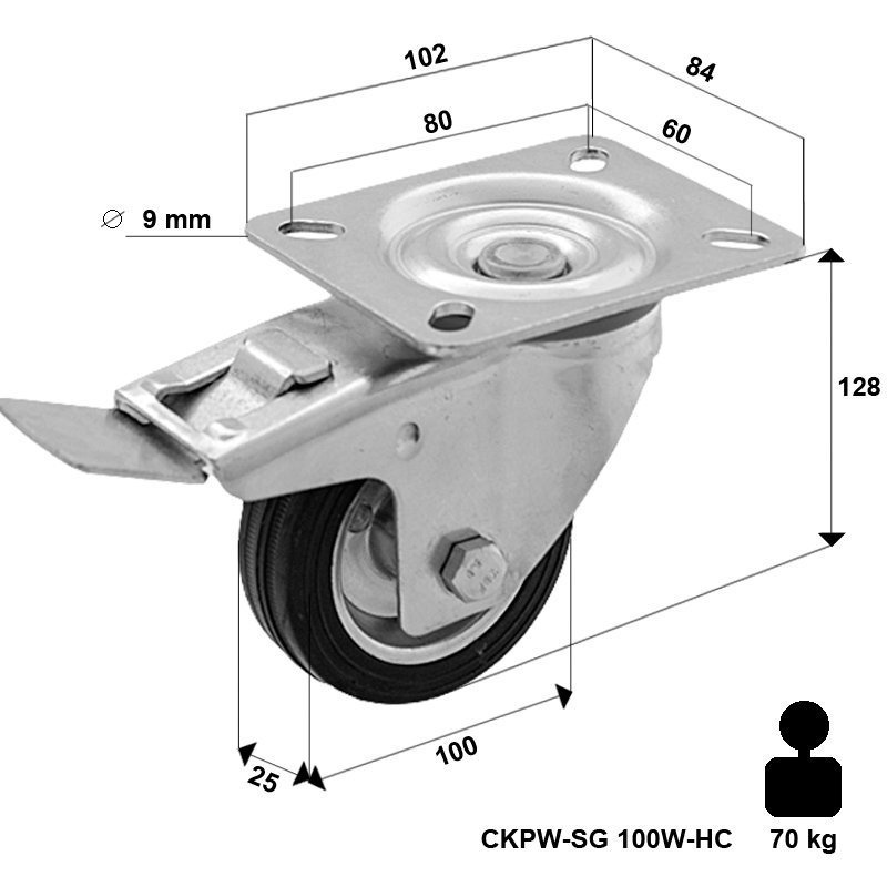 Kółko transportowe obrotowe z hamulcem metalowo-gumowe 100 mm CKPW-SG 100W-HC  koło metalowo-gumowe stalowa piasta  Nośność 70 kg / 100mm / wałeczkowe