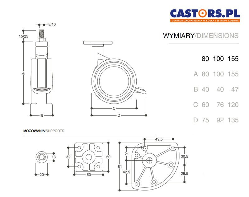 Kółko stałe/skrętne z hamulcem/bez VEGA 80/100/155/240 Nylon/włókno szklane/niebrudząca guma/ABS Nośność 50/80 kg RÓŻNE KOLORY