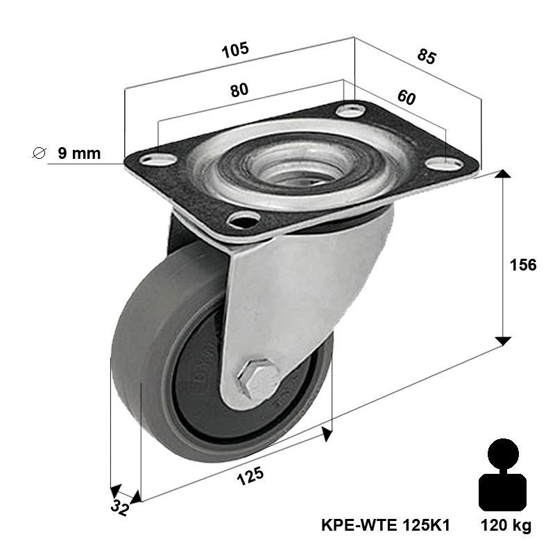 Zestaw kołowy skrętny KPE-WTE 125K1 z szarą gumą piasta polipropylenowa Nośność 120 kg / 125mm/ kulkowe