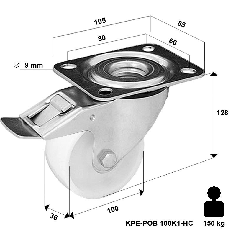 Zestaw kołowy skrętny z hamulcem KPE-POB 100K1-HC z kołem poliamidowym. Nośność 150 kg / 100mm/ kulkowe