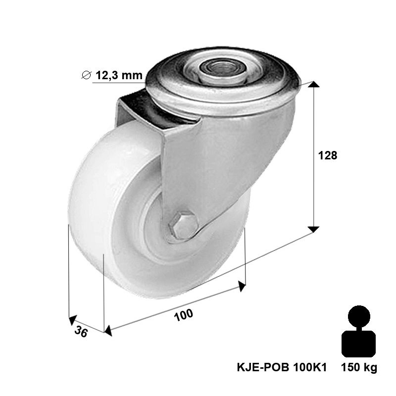 Zestaw kołowy skrętny KJE-POB 100K1 z kołem poliamidowym. Nośność 150 kg / 100mm/ kulkowe