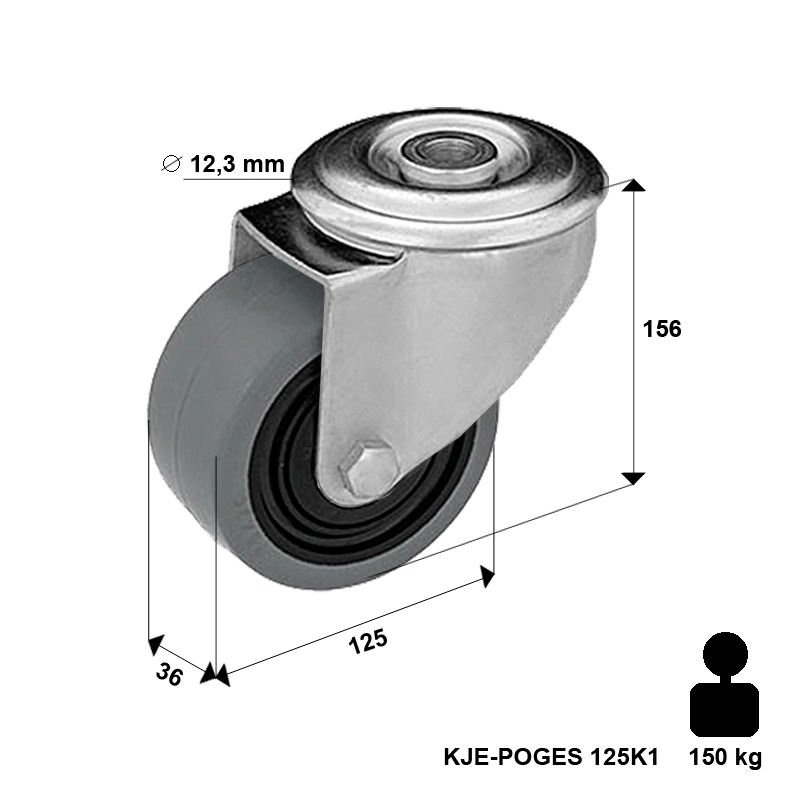 Zestaw kołowy skrętny KJE-POGES 125K1 z kołem gumowym piasta poliamid. Nośność 150 kg / 125mm/ kulkowe