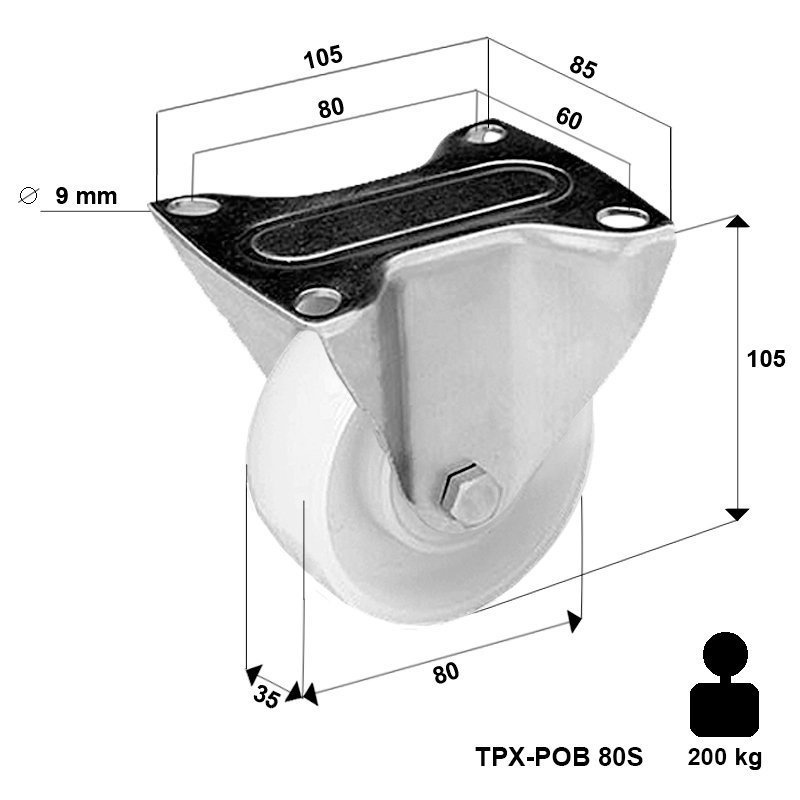 Kółko nierdzewne stałe TPX-POB 80S z kołem poliamidowym. Nośność 200 kg / 80mm/ ślizgowe