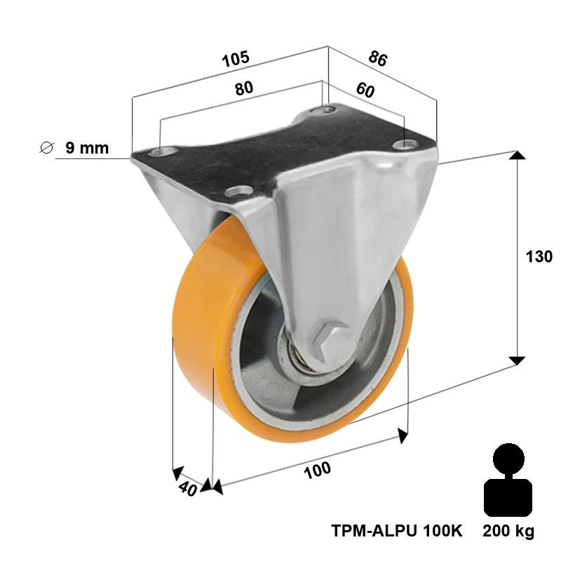 Koło stałe Zestaw kołowy stały TPM-ALPU 100K z kołem z bieżnikiem poliuretanowym. Nośność 200 kg / 100mm/ kulkowe