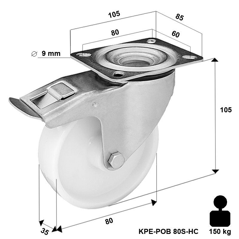 Zestaw kołowy skrętny z hamulcem KPE-POB 80S-HC z kołem poliamidowym. Nośność 150 kg / 80mm/ ślizgowe