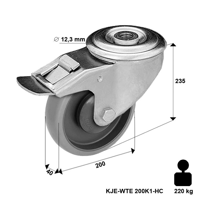 Zestaw kołowy skrętny z hamulcem KJE-WTE 200K1-HC z szarą gumą piasta polipropylenowa Nośność 220 kg / 200mm/ kulkowe