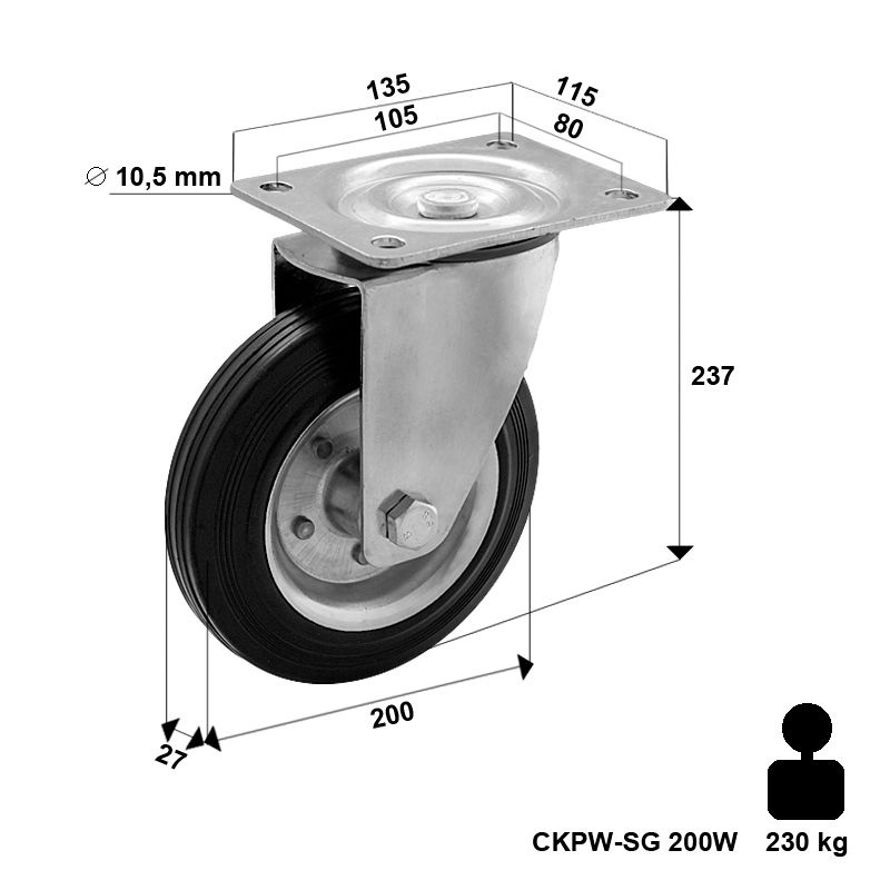 Kółko transportowe obrotowe metalowo-gumowe 200 mm CKPW-SG 200W  koło gumowe stalowa piasta  Nośność 230 kg / 200mm / wałeczkowe