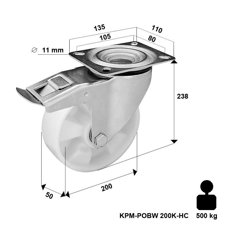 Zestaw kołowy skrętny z hamulcem KPM-POOBW 200K-HC z kołem poliamidowym. Nośność 500 kg / 200mm/ kulkowe