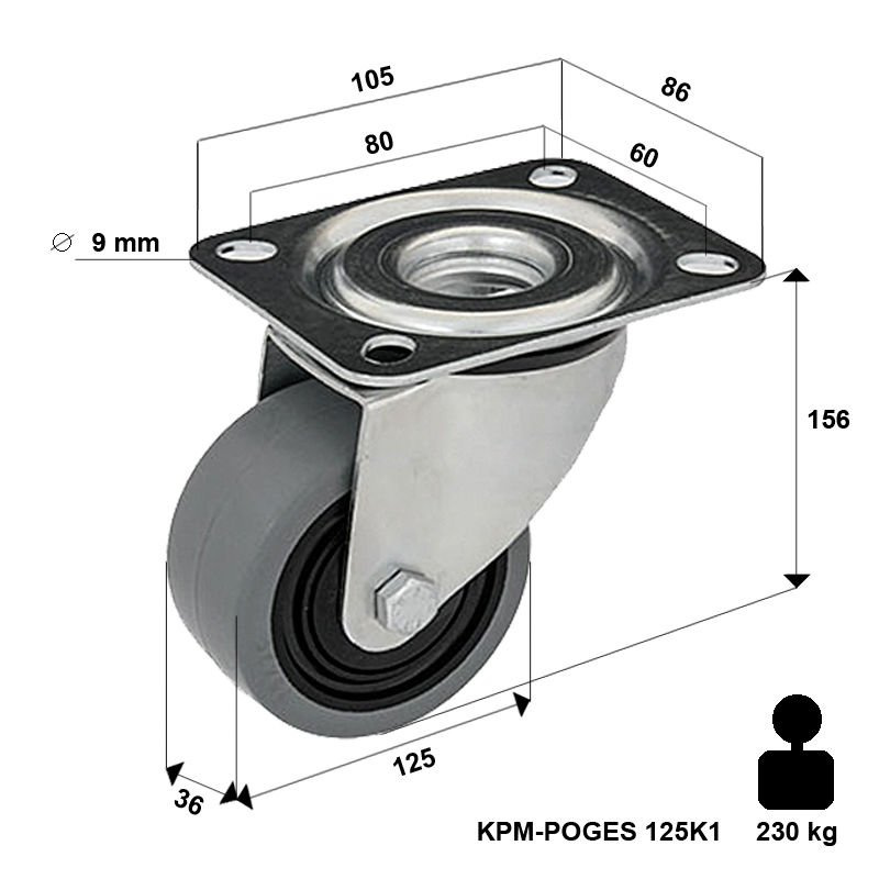 Zestaw kołowy skrętny  KPM-POOGES 125K1 z kołem gumowym piasta poliamid. Nośność 220 kg / 125mm/ kulkowe