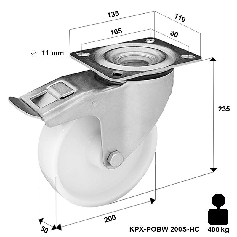 Kółko nierdzewne obrotowe z hamulcem KPX-POBW 200S-HC z kołem poliamidowym. Nośność 400 kg/ 200mm/ ślizgowe