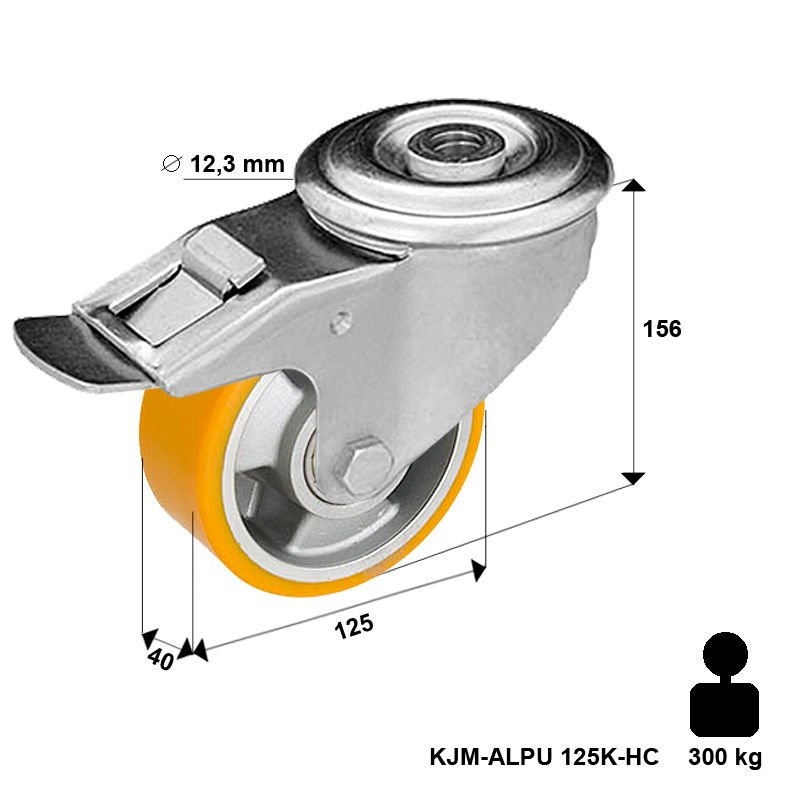 Koło transportowe skrętne z hamulcem na 1 śrubę Zestaw kołowy skrętny z hamulcem KJM-ALPU 125K-HC z kołem z nalewanym bieżnikiem poliuretanowym. Nośność 300 kg / 125mm/ kulkowe
