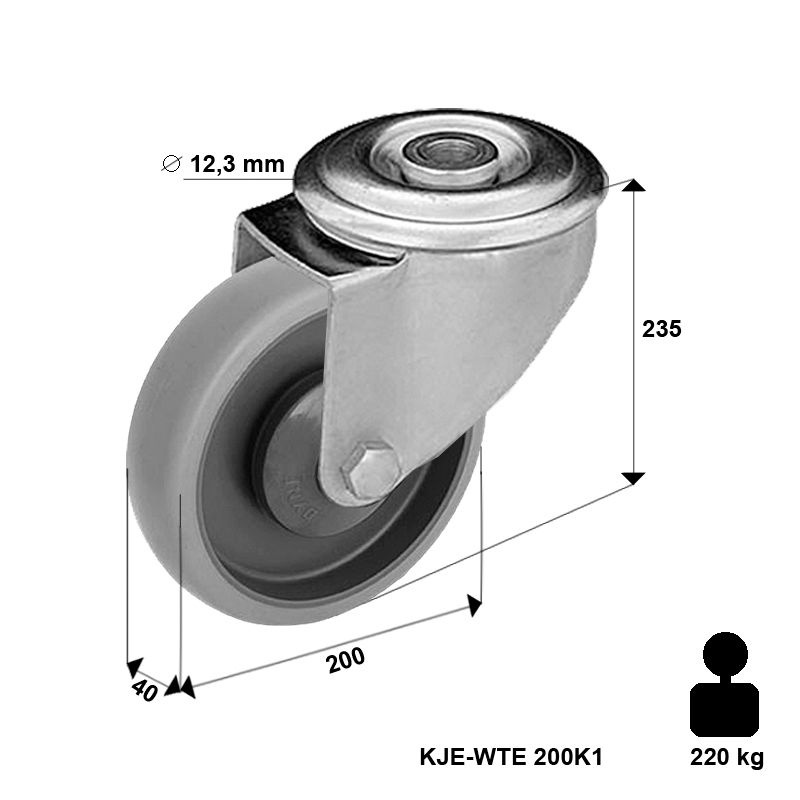 Zestaw kołowy skrętny KJE-WTE 200K1 z szarą gumą piasta polipropylenowa Nośność 220 kg / 200mm/ kulkowe