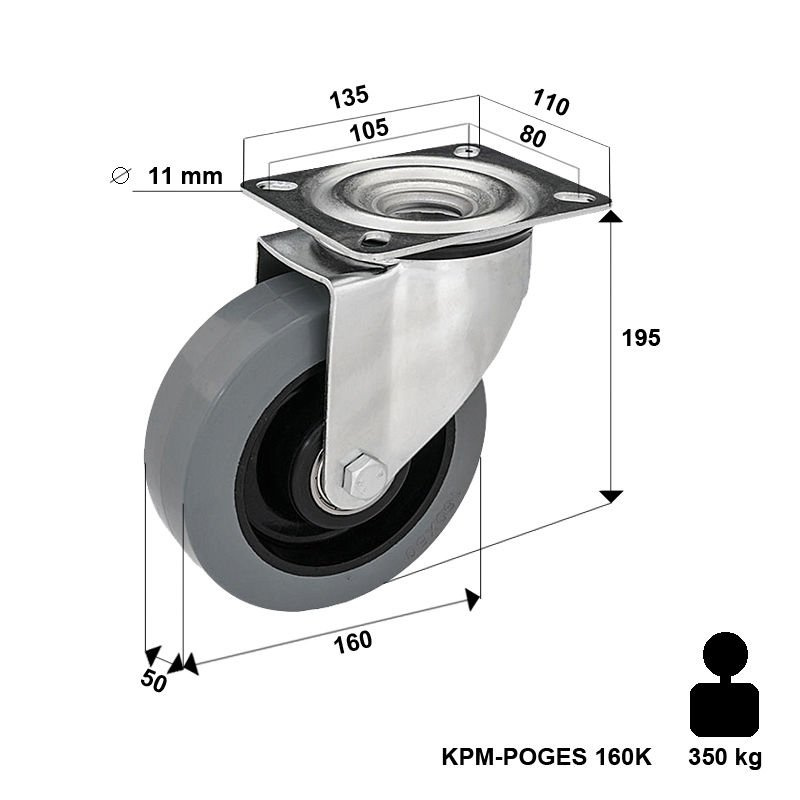 Zestaw kołowy skrętny KPM-POOGES 160K z kołem gumowym piasta poliamid. Nośność 300 kg / 160mm/ kulkowe