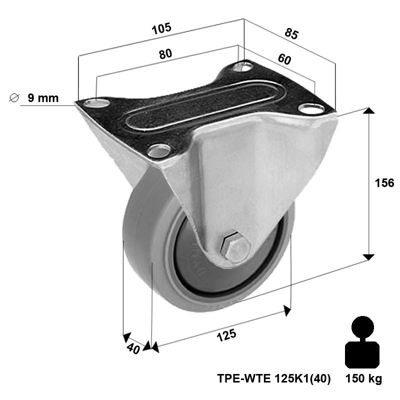 Kółko nierdzewne stałe TPX-WTE 125K1(40) z kołem polipropylenowym i gumową oponką. Nośność 150 kg / 125mm/ kulkowe