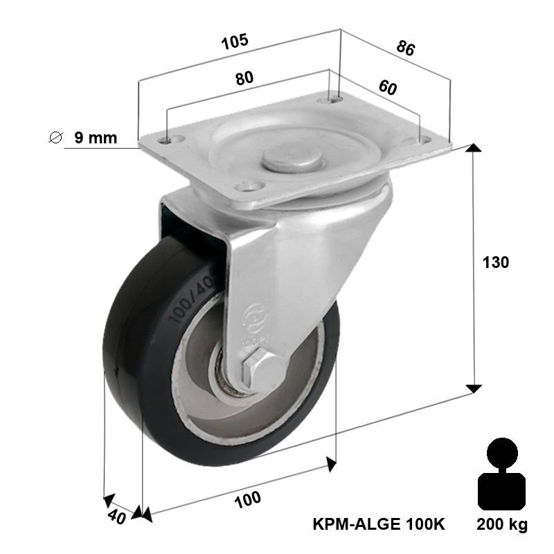 Kółko obrotowe transportowe KPM-ALGE 100K z kołem gumowym piasta aluminium. Nośność 160 kg / 100mm/ kulkowe