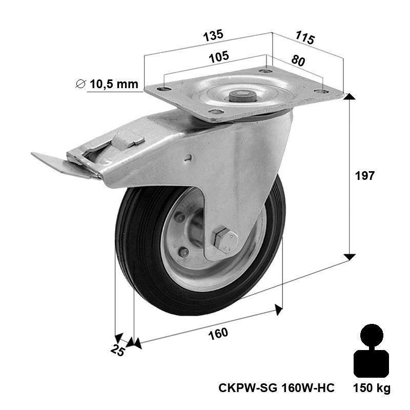 Kółko transportowe obrotowe z hamulcem metalowo-gumowe 160 mm CKPW-SG 160W-HC  koło metalowo-gumowe stalowa piasta  Nośność 150 kg / 160mm / wałeczkowe