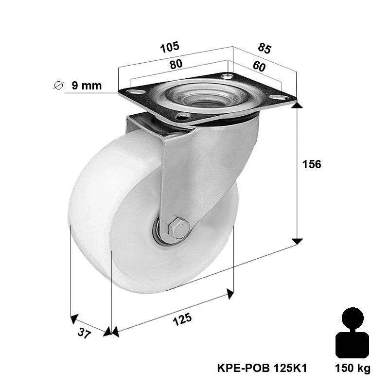 Zestaw kołowy skrętny  KPE-POB 125K1 z kołem poliamidowym. Nośność 150 kg / 125mm/ kulkowe