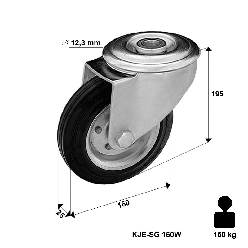 Zestaw kołowy skrętny KJE-SG 160W koło metalowo-gumowe stalowa piasta  Nośność 150 kg / 160mm / wałeczkowe