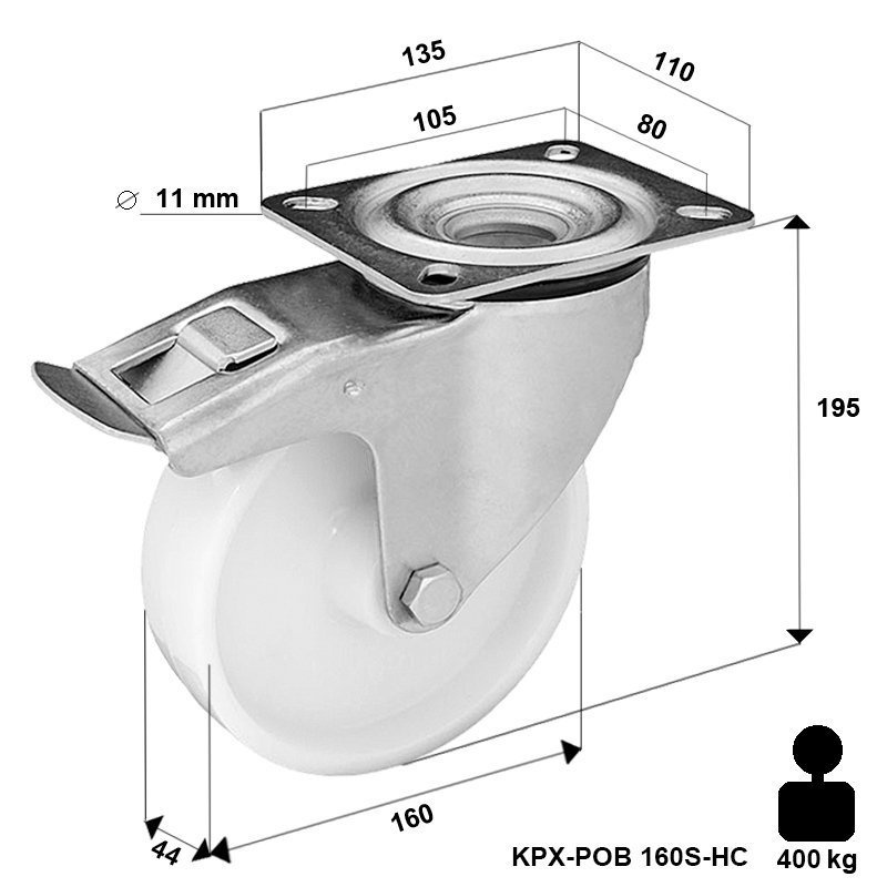 Kółko nierdzewne obrotowe z hamulcem KPX-POBW 160S-HC z kołem poliamidowym. Nośność 400 kg / 160mm/ ślizgowe