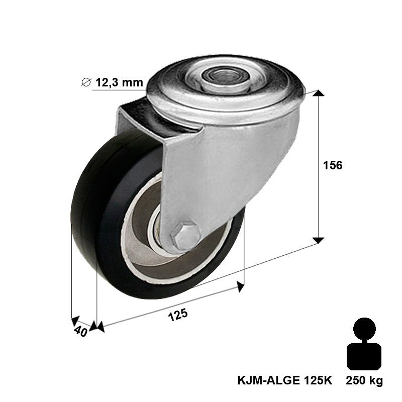 Zestaw kołowy skrętny KJM-ALGE 125K z kołem gumowym piasta aluminium. Nośność 220 kg / 125mm/ kulkowe