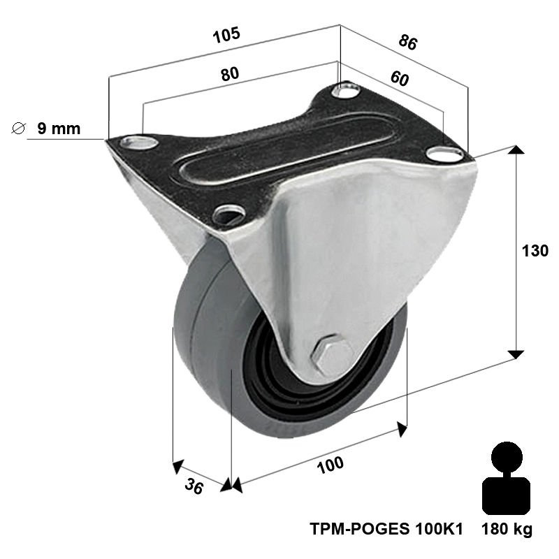 Zestaw kołowy stały TPM-POOGES 100K1 z kołem gumowym piasta poliamid. Nośność 160 kg / 100mm/ kulkowe