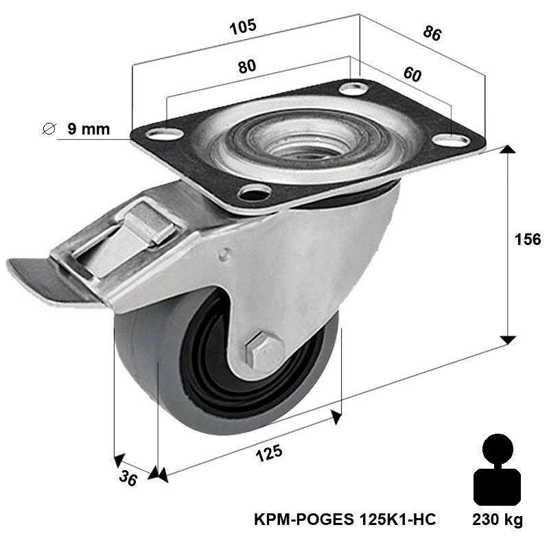 Zestaw kołowy skrętny z hamulcem   KPM-POOGES 125K1-HC z kołem gumowym piasta poliamid. Nośność 220 kg / 125mm/ kulkowe