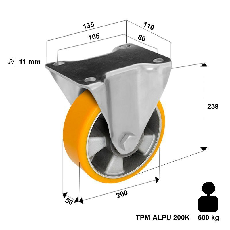 Koło stałe Zestaw kołowy stały TPM-ALPU 200K z kołem z nalewanym bieżnikiem poliuretanowym. Nośność 500 kg / 200mm/ kulkowe