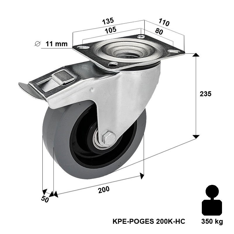 Zestaw kołowy skrętny KPE-POGES 200K-HC z kołem gumowym piasta poliamid. Nośność 350 kg / 200mm/ kulkowe