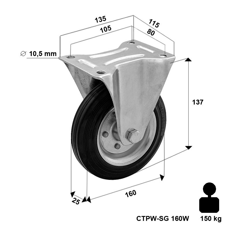 Kółko transportowe stałe stalowo-gumowe 160 mm CTPW-SG 160W  koło metalowo-gumowe stalowa piasta  Nośność 150 kg / 160mm / wałeczkowe