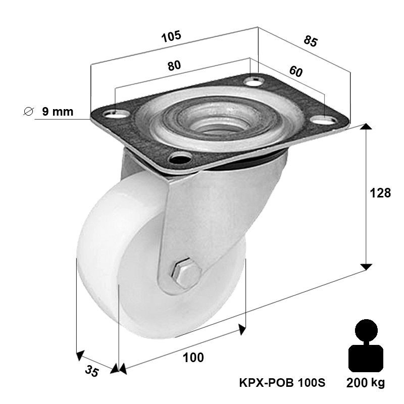 Kółko nierdzewne obrotowe KPX-POB 100S z kołem poliamidowym. Nośność 200 kg / 100mm/ ślizgowe