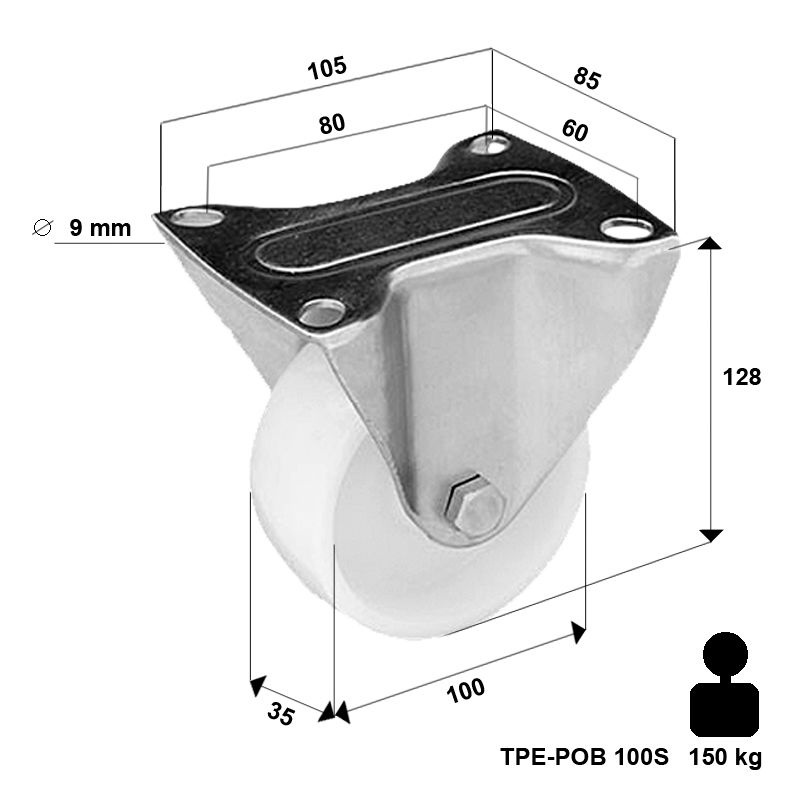 Zestaw kołowy stały TPE-POB 100S z kołem poliamidowym. Nośność 150 kg/ 100mm/ ślizgowe