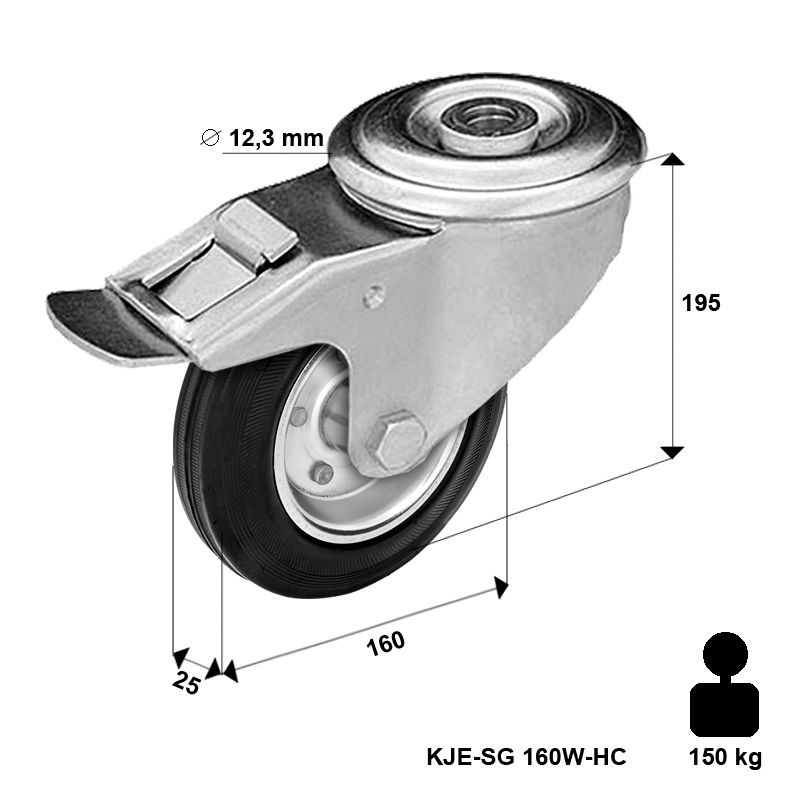 Kółko transportowe obrotowe z hamulcem stalowo-gumowe 160 mm KJE-SG 160W-HC koło metalowo-gumowe stalowa piasta  Nośność 150 kg / 160mm / wałeczkowe