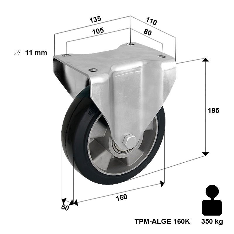 Koło do wózka stałe nieskrętne TPM-ALGE 160K z kołem gumowym piasta aluminium. Nośność 300 kg / 160mm/ kulkowe