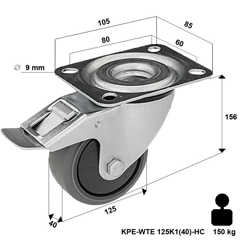 Kółko obrotowe nierdzewne z hamulcem KPX-WTE 125K1(40)-HC z kołem polipropylenowym i gumową oponką. Nośność 150 kg / 125mm/ kulkowe