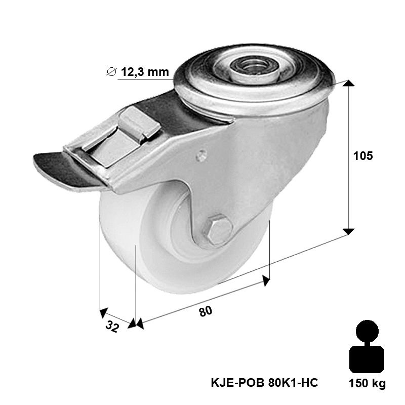 Zestaw kołowy skrętny z hamulcem  KJE-POOB 80K1-HC z kołem poliamidowym. Nośność 200 kg / 80mm/ kulkowe