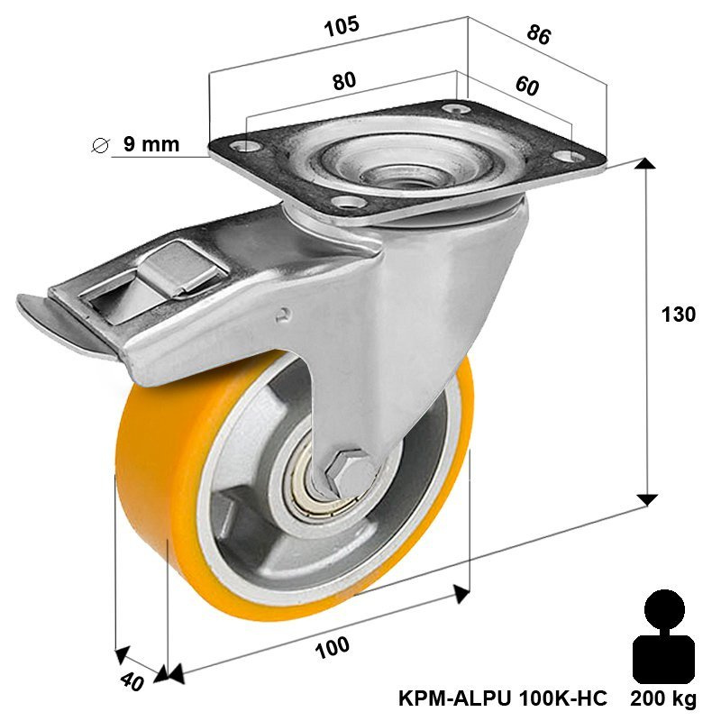 Kółko transportowe przemysłowe obrotowe z hamulcem KPM-ALPU 100K-HC z kołem aluminiowym z bieżnikiem poliuretanowym. Nośność 200 kg - średnica 100mm - łożysko kulkowe