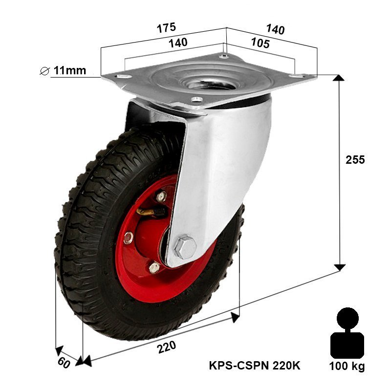 Zestaw kołowy skrętny obrotowy KPS-CSPN 220K  Koło gumowe pompowane pneumatyczne stalowa piasta  Nośność 100 kg / 220mm / kulkowe