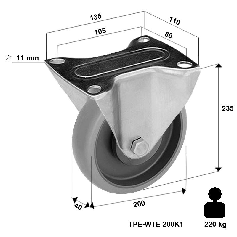 Kółko nierdzewne stałe TPX-WTE 200K1 z kołem polipropylenowym i gumową oponką. Nośność 220 kg / 200mm/ kulkowe