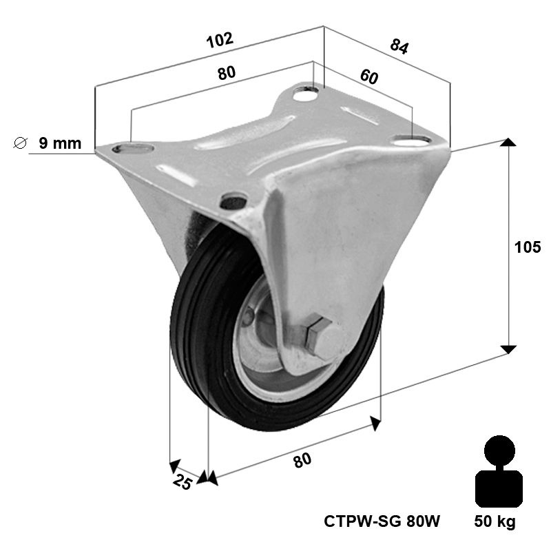 Kółko transportowe stałe stalowo-gumowe 80 mm CTPW-SG 80W  koło metalowo-gumowe stalowa piasta  Nośność 50 kg / 80mm / wałeczkowe