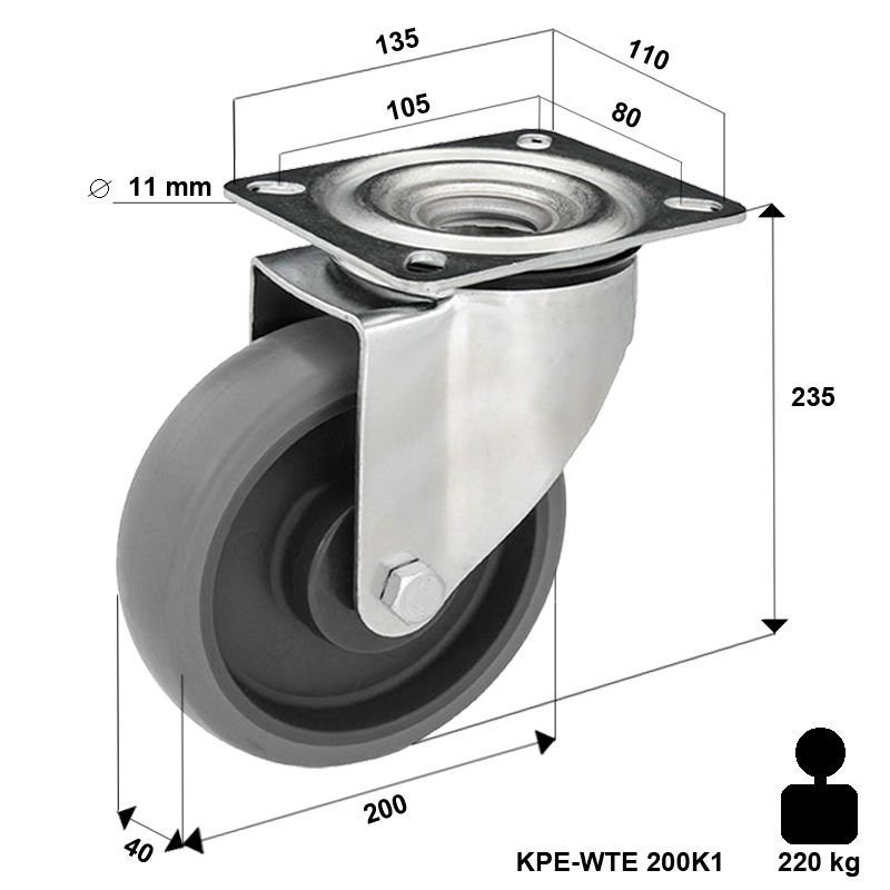 Zestaw kołowy skrętny KPE-WTE 200K1 z szarą gumą piasta polipropylenowa Nośność 220 kg / 200mm/ kulkowe